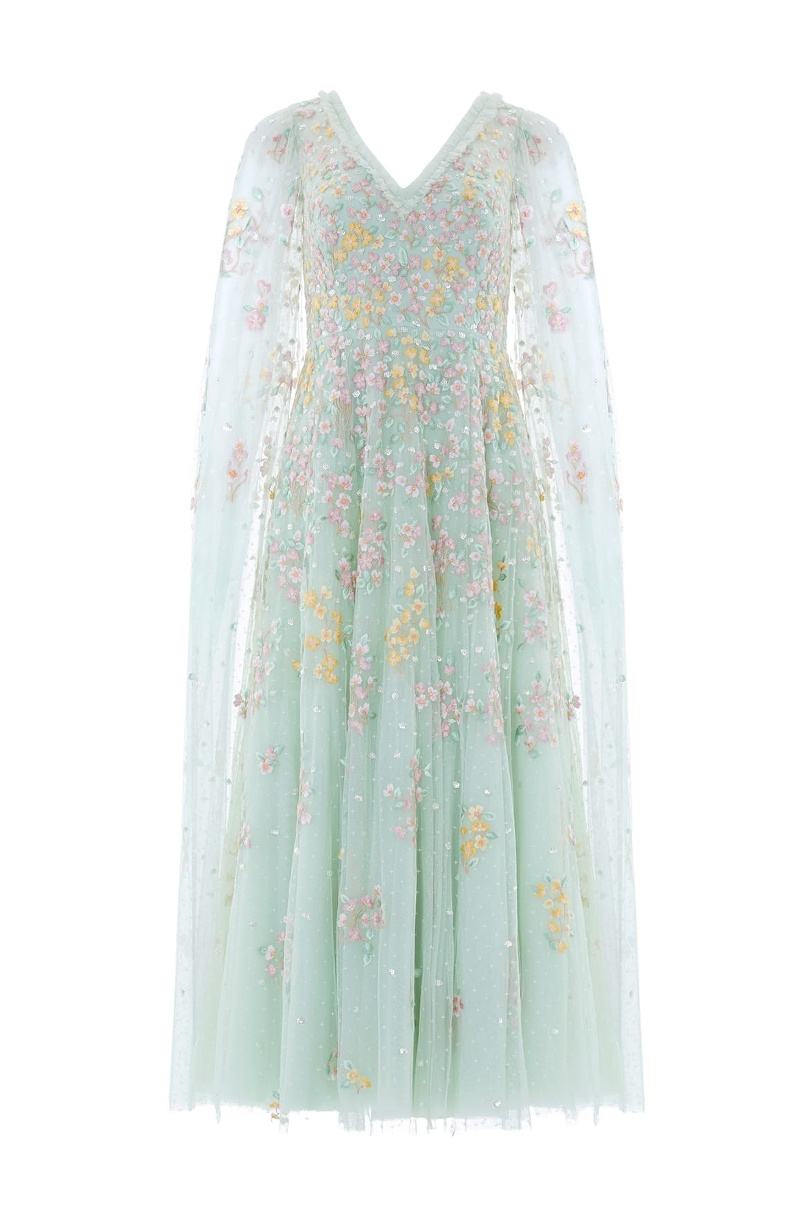 Needle & Thread Versailles Ditsy V-Neck Cape Sleeve Ankle Gown in Sea Mist/Pale - Dresses - British Luxury Evening Wear at Luxury Shoes 