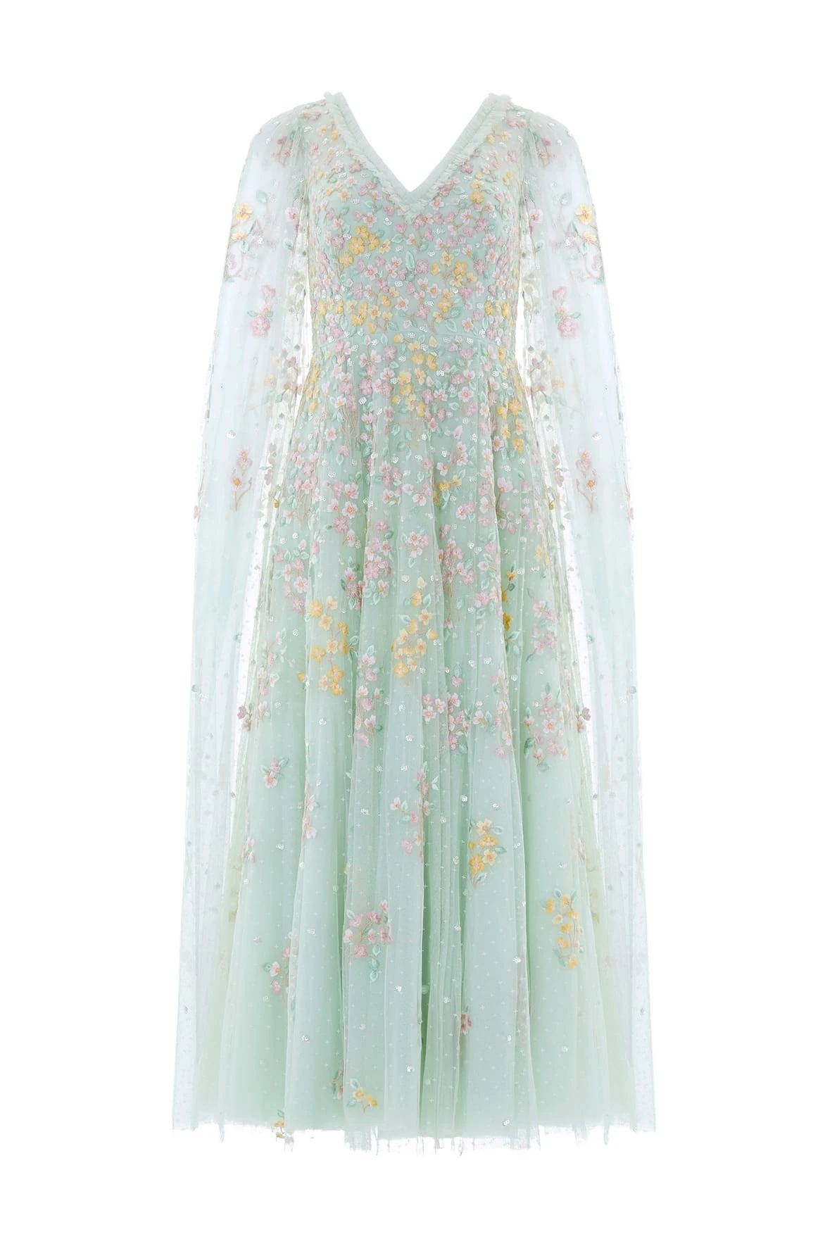 Needle and Thread Versailles Ditsy V-Neck Cape Sleeve Ankle Gown in Sea Mist/Pale