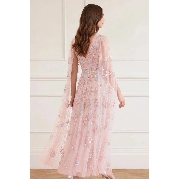 Needle and Thread Versailles Ditsy V-Neck Cape Sleeve Ankle Gown in Shell/Bright, view 6