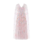 Needle and Thread Versailles Ditsy V-Neck Cape Sleeve Ankle Gown in Shell/Bright