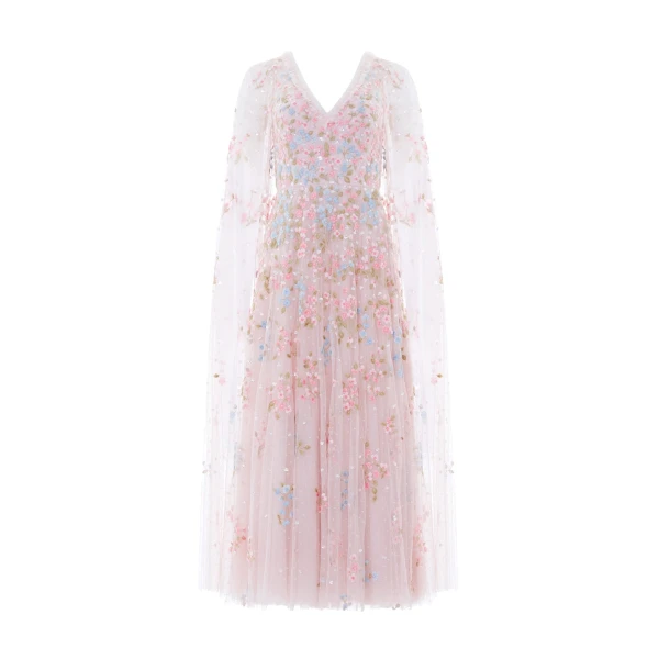 Needle and Thread Versailles Ditsy V-Neck Cape Sleeve Ankle Gown in Shell/Bright