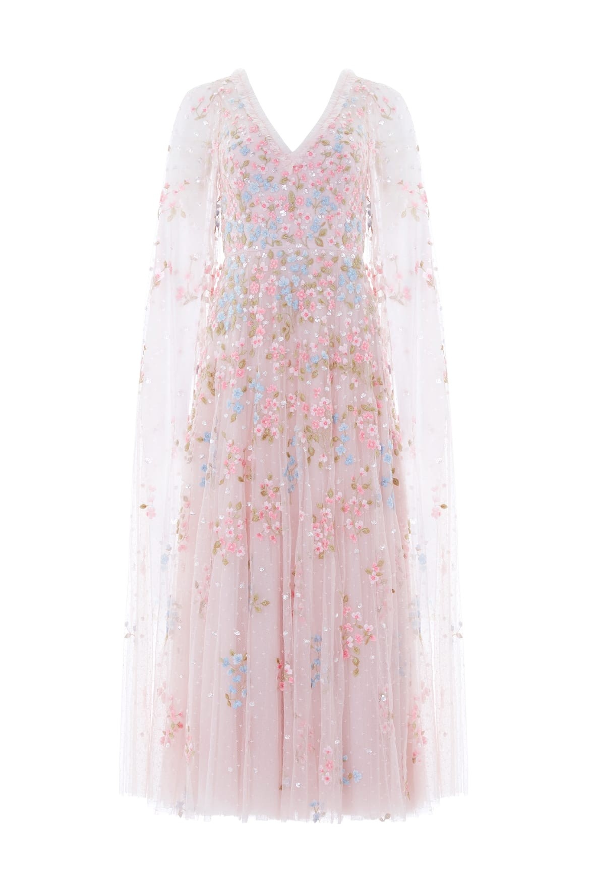 Needle & Thread Versailles Ditsy V-Neck Cape Sleeve Ankle Gown in Shell/Bright - Dresses - British Luxury Evening Wear at Luxury Shoes 