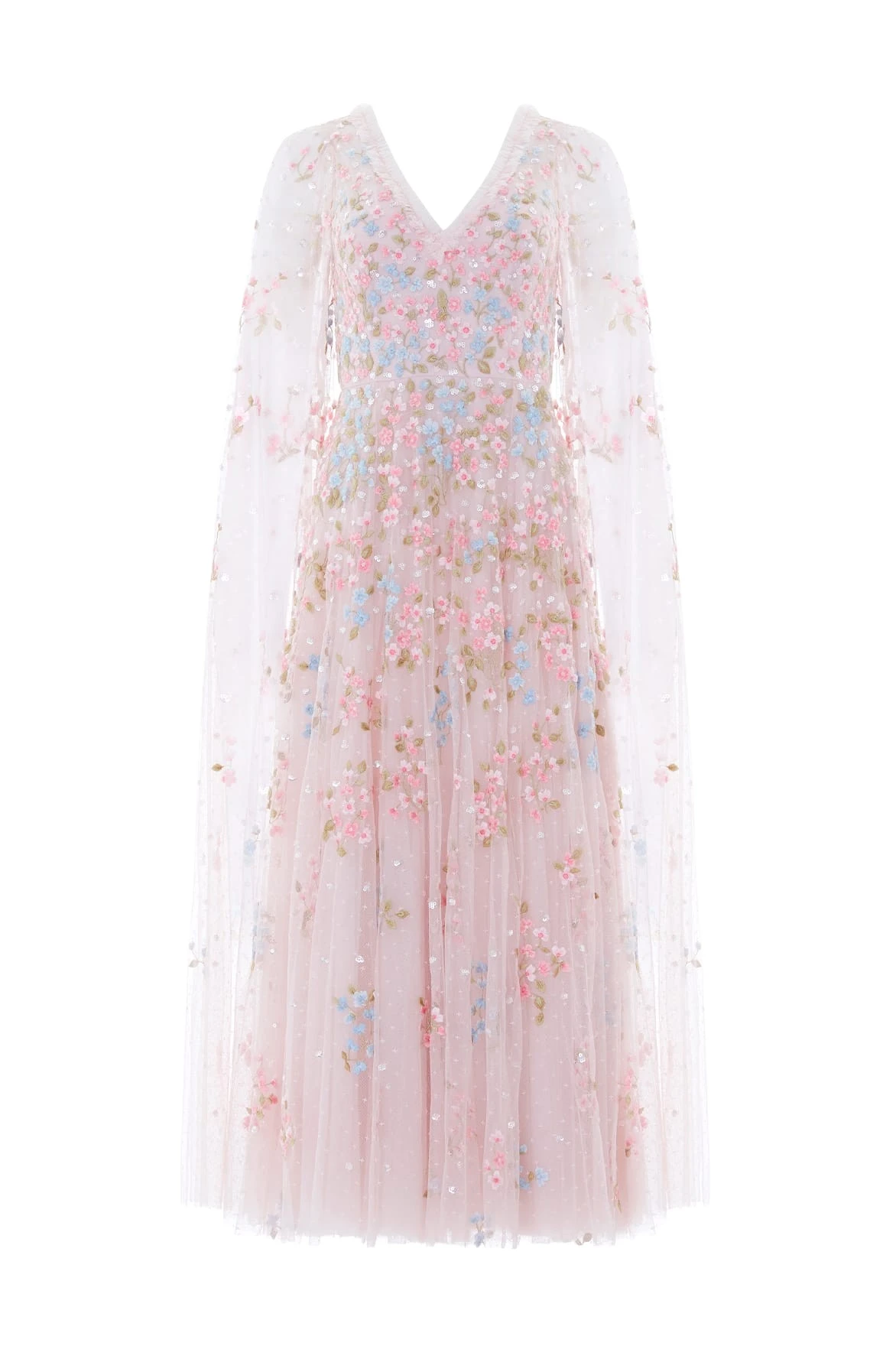Needle and Thread Versailles Ditsy V-Neck Cape Sleeve Ankle Gown in Shell/Bright