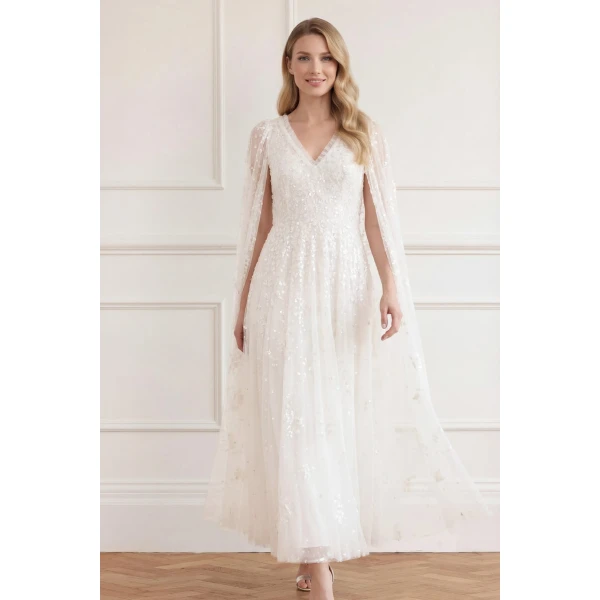 Needle and Thread Versailles Ditsy V-Neck Cape Sleeve Ankle Gown in Swan White, view 2
