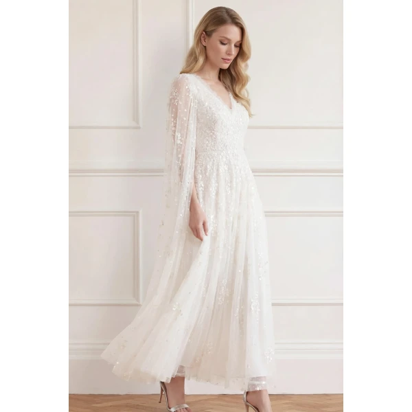 Needle and Thread Versailles Ditsy V-Neck Cape Sleeve Ankle Gown in Swan White, view 3