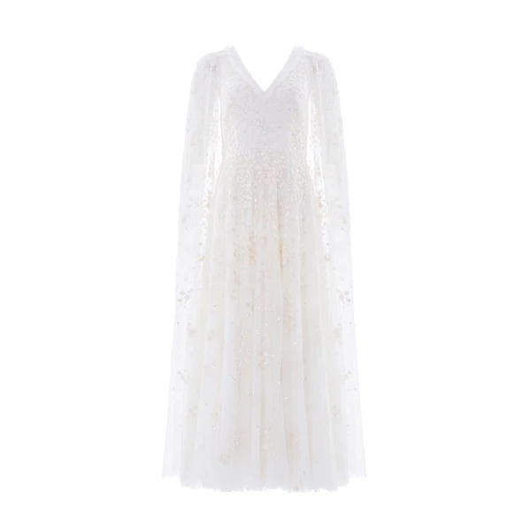Needle and Thread Versailles Ditsy V-Neck Cape Sleeve Ankle Gown in Swan White