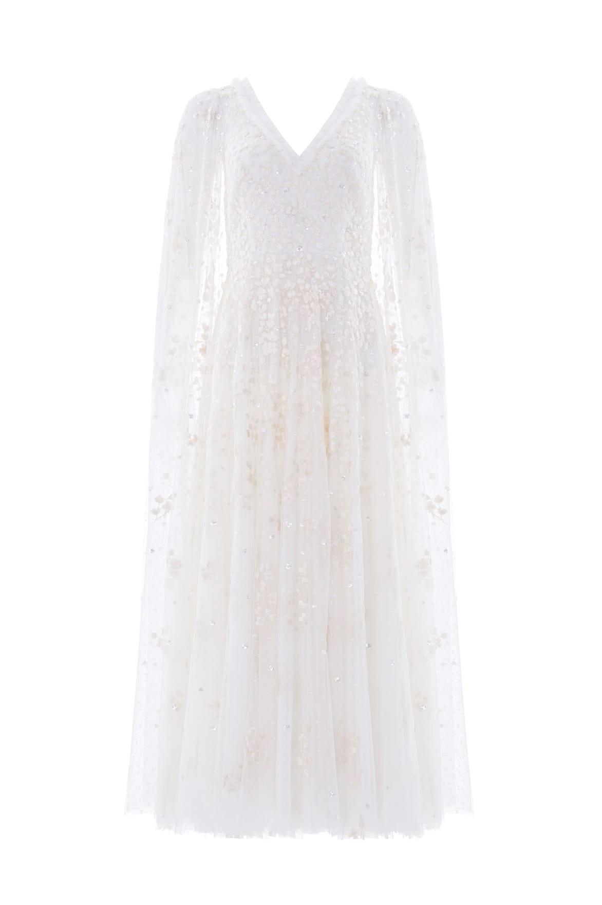 Needle & Thread Versailles Ditsy V-Neck Cape Sleeve Ankle Gown in Swan White - Dresses - British Luxury Evening Wear at Luxury Shoes 