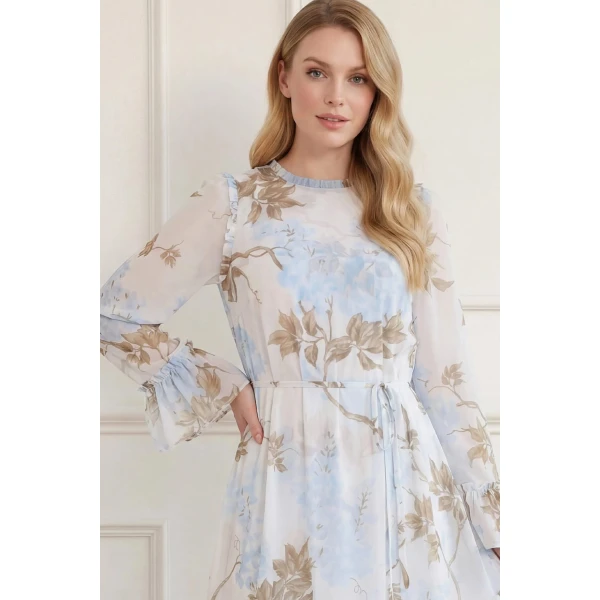 Needle and Thread Wisteria Chiffon Round Neck Ankle Gown in Optic White/Blue, view 4