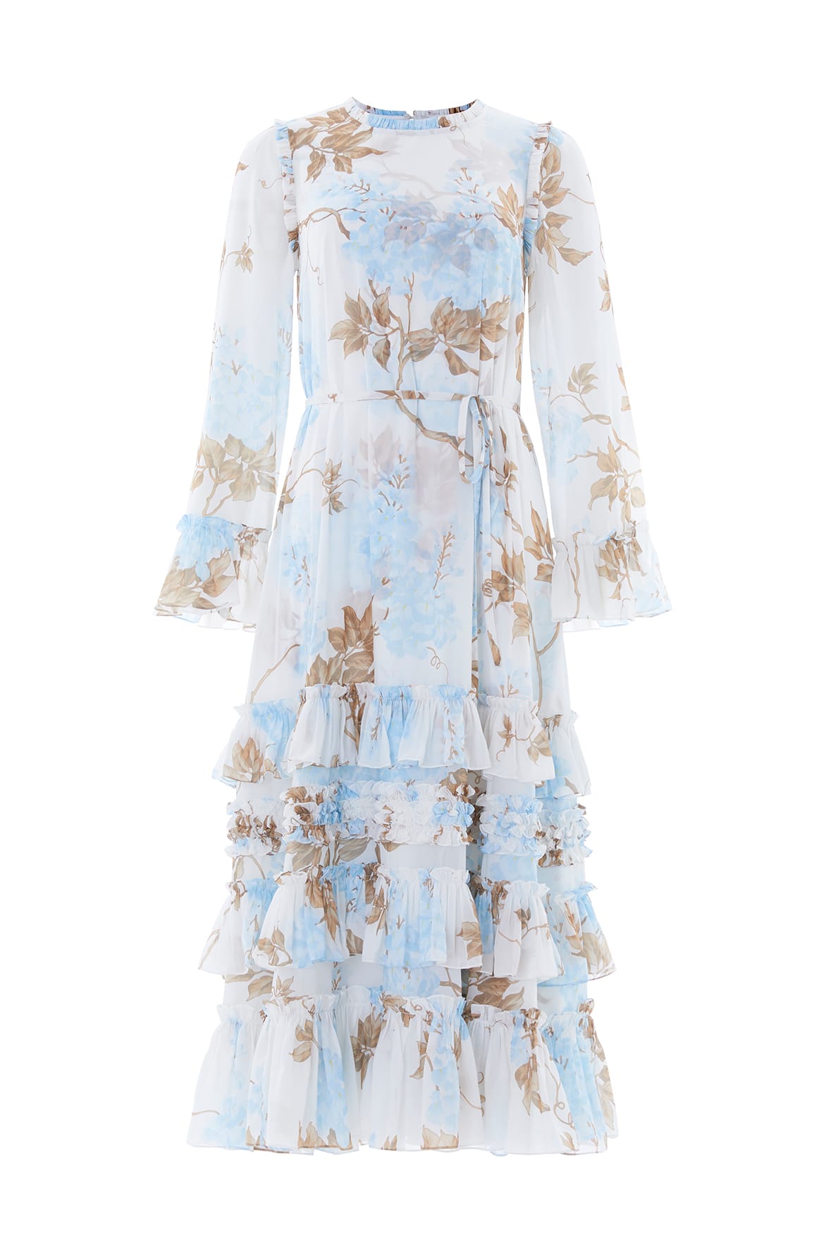 Needle & Thread Wisteria Chiffon Round Neck Ankle Gown in Optic White/Blue - Dresses - British Luxury Evening Wear at Luxury Shoes 
