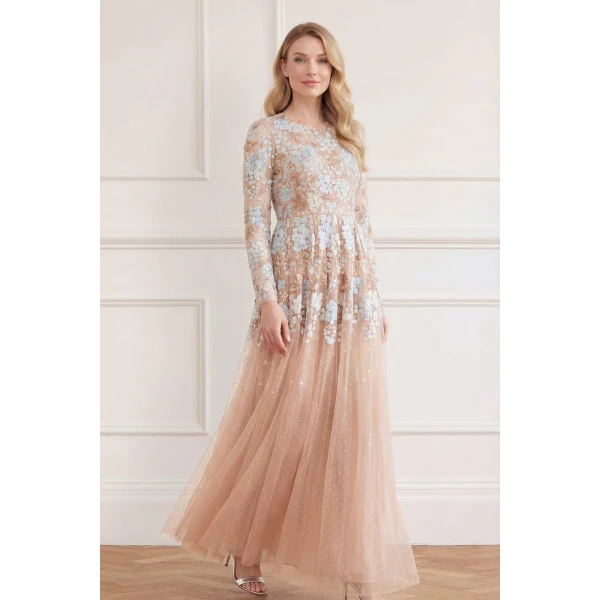 Needle and Thread Wisteria Dot Long Sleeve Gown in Biscuit/Blue, view 2