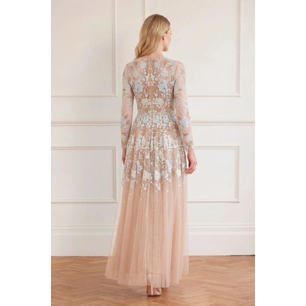 Needle and Thread Wisteria Dot Long Sleeve Gown in Biscuit/Blue, view 5