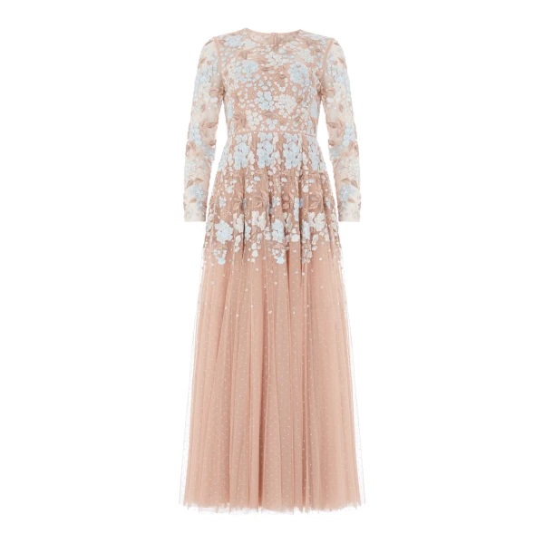 Needle and Thread Wisteria Dot Long Sleeve Gown in Biscuit/Blue