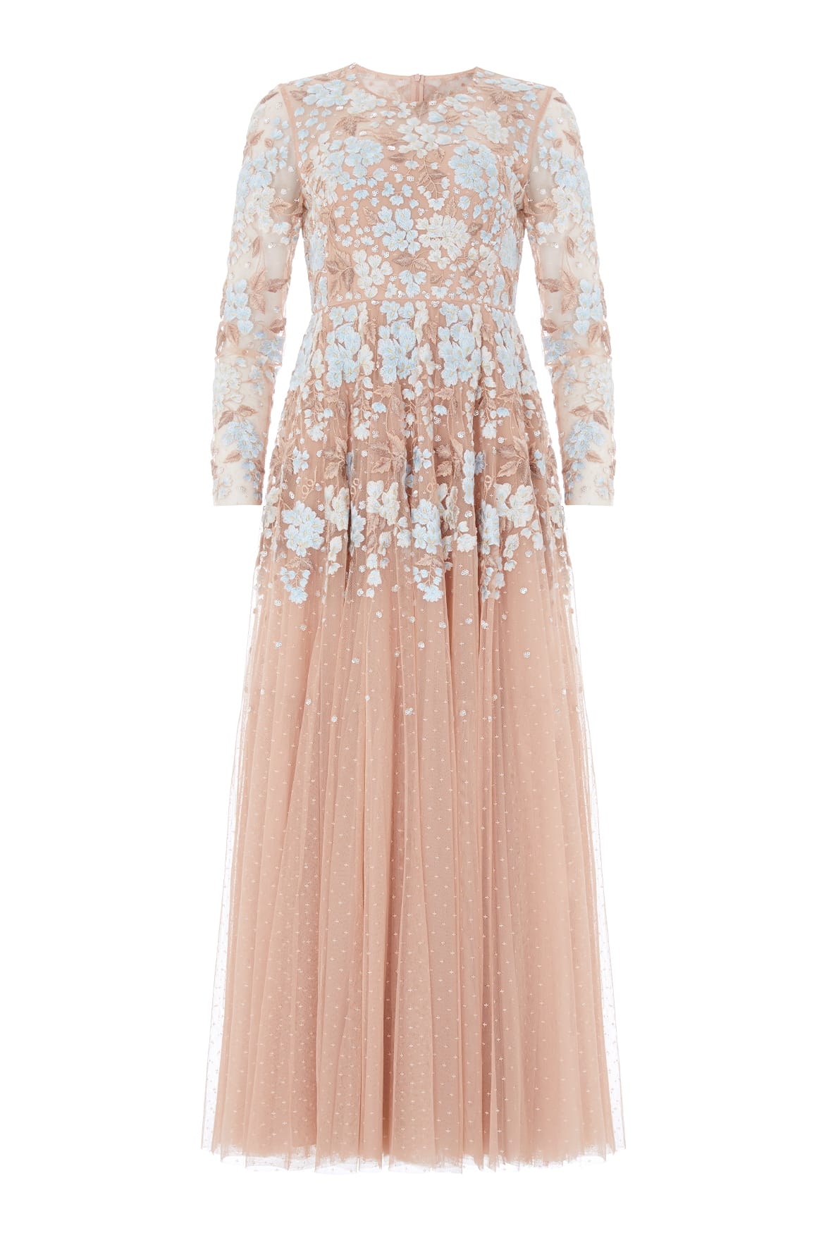 Needle & Thread Wisteria Dot Long Sleeve Gown in Biscuit/Blue - Dresses - British Luxury Evening Wear at Luxury Shoes 