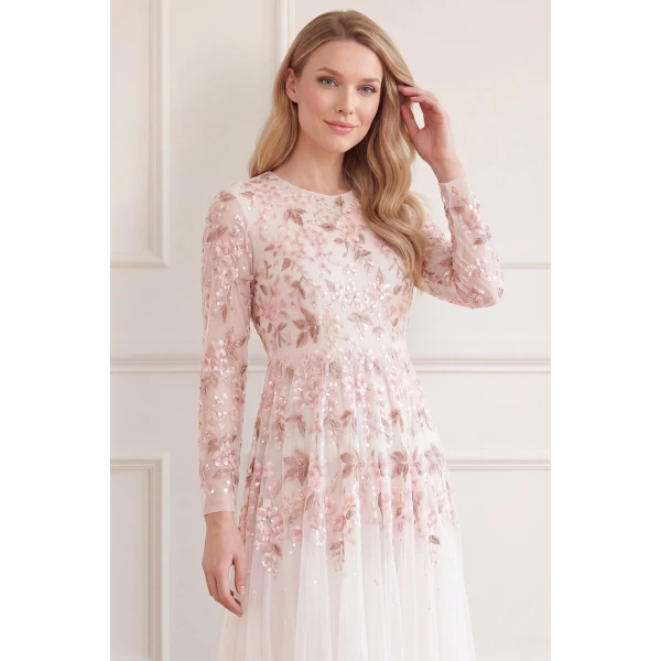 Needle and Thread Wisteria Dot Long Sleeve Gown in Swan White, view 4