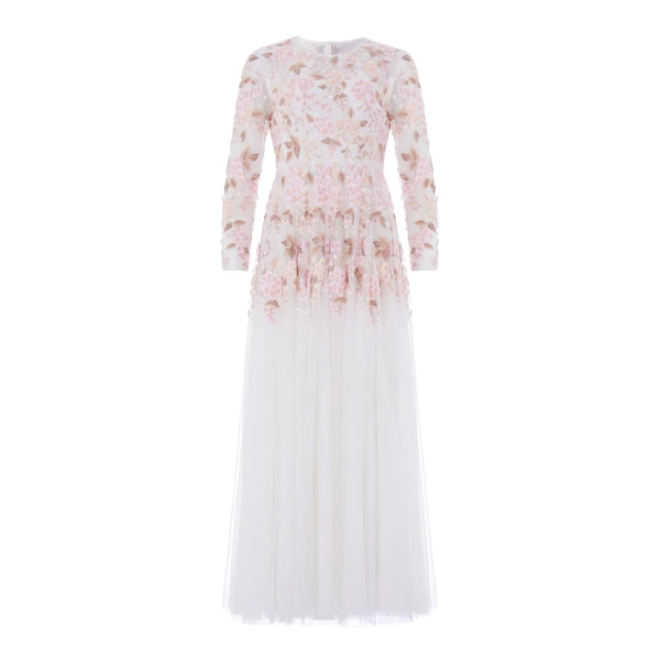 Needle and Thread Wisteria Dot Long Sleeve Gown in Swan White