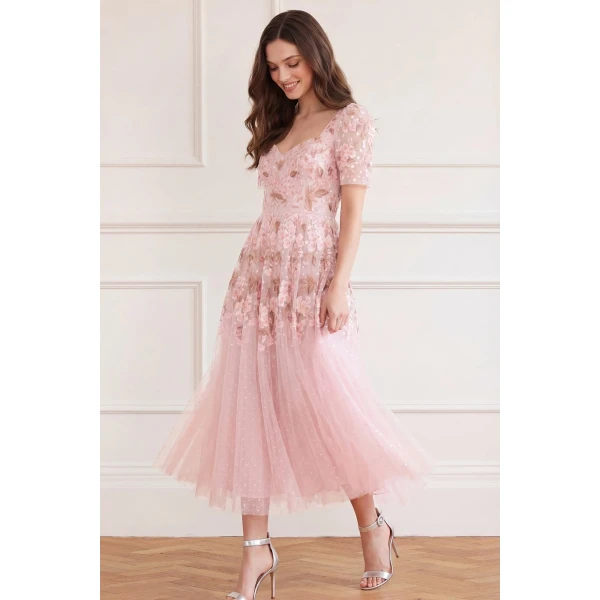 Needle and Thread Wisteria Dot Short Sleeve Ballerina Dress in Shell Pink, view 2