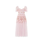 Needle and Thread Wisteria Dot Short Sleeve Ballerina Dress in Shell Pink