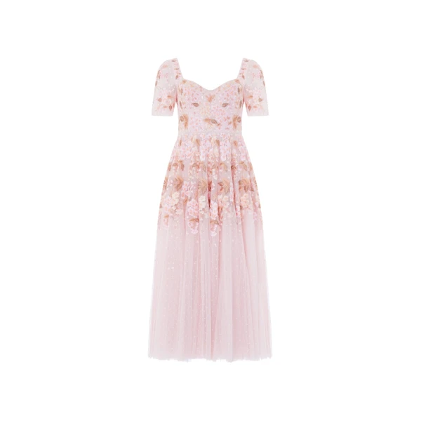 Needle and Thread Wisteria Dot Short Sleeve Ballerina Dress in Shell Pink