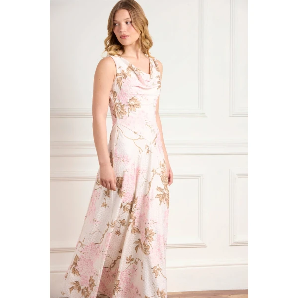 Needle and Thread Wisteria Jacquard Cowl Neck Gown in Optic White/Pink, view 2