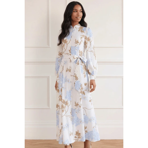 Needle and Thread Wisteria Jacquard Long Sleeve Shirt Dress in Optic White/Blue, view 2