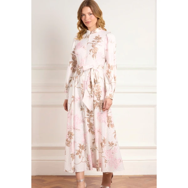Needle and Thread Wisteria Jacquard Long Sleeve Shirt Dress in Optic White/Pink, view 2