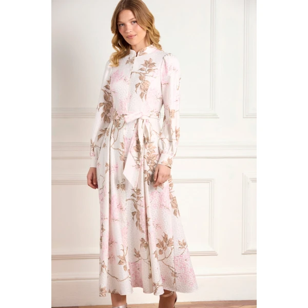 Needle and Thread Wisteria Jacquard Long Sleeve Shirt Dress in Optic White/Pink, view 3