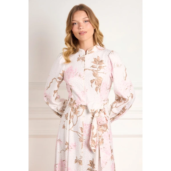 Needle and Thread Wisteria Jacquard Long Sleeve Shirt Dress in Optic White/Pink, view 4