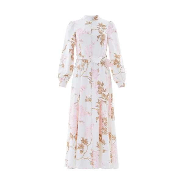 Needle and Thread Wisteria Jacquard Long Sleeve Shirt Dress in Optic White/Pink