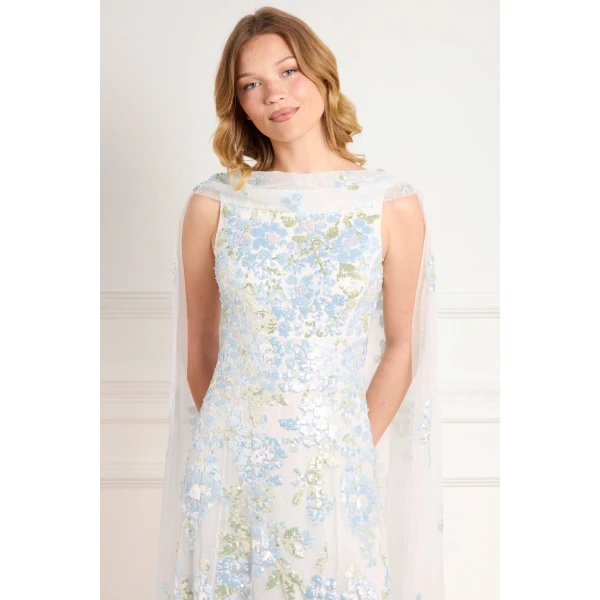 Needle and Thread Wisteria Sequin Ankle Gown in Swan White/Blue, view 4