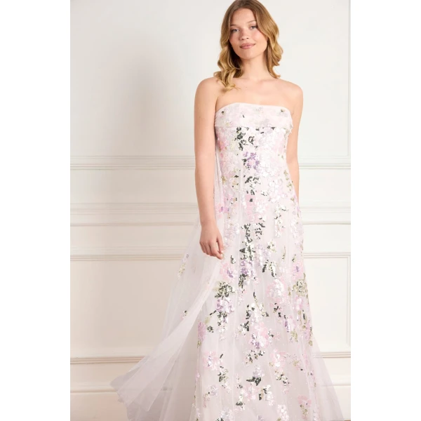 Needle and Thread Wisteria Sequin Strapless Cape Gown in Swan White/Pink, view 3