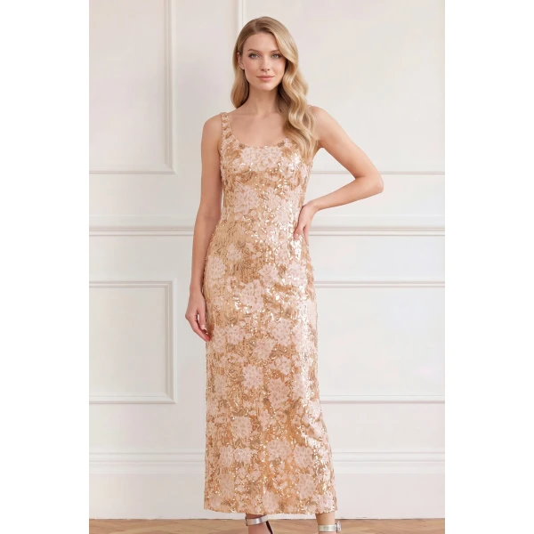 Needle and Thread Wisteria Shimmer Georgette Ankle Gown in Pale Gold/Pink, view 2