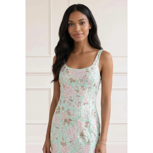 Needle and Thread Wisteria Shimmer Georgette Ankle Gown in Soft Mint/Pink, view 3