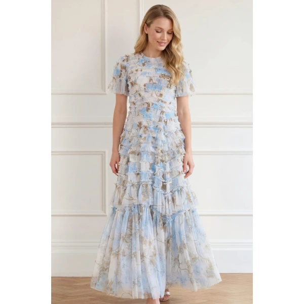 Needle and Thread Wisteria Valentine Ruffle Gown in Optic White/Blue, view 2