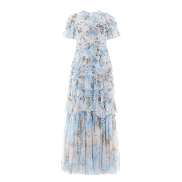 Needle and Thread Wisteria Valentine Ruffle Gown in Optic White/Blue