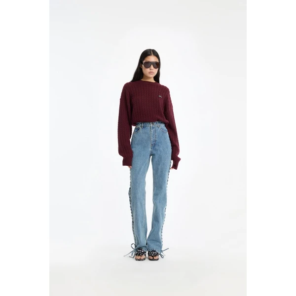 Rotate Birger Christensen Cable Crewneck Sweater Bordeaux, view 2