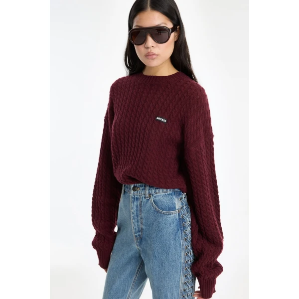 Rotate Birger Christensen Cable Crewneck Sweater Bordeaux, view 3