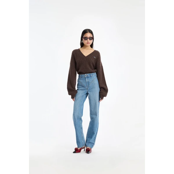 Rotate Birger Christensen Cable V-neck Sweater Dark Brown, view 2