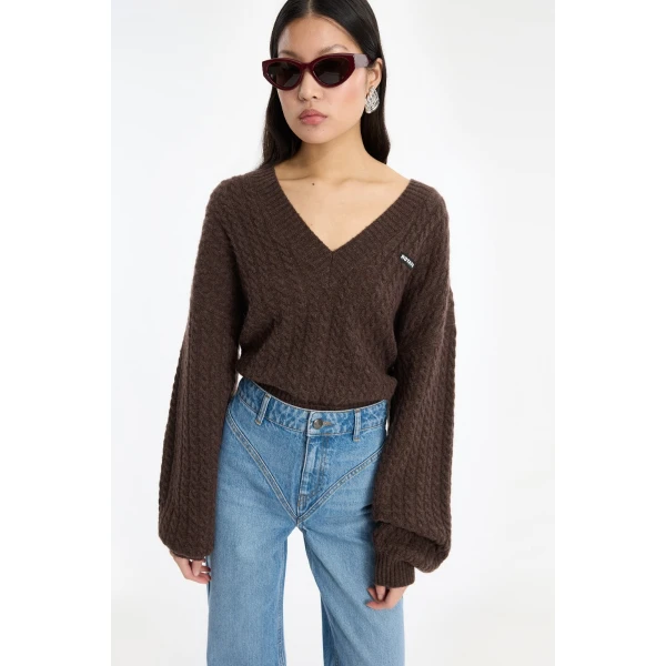 Rotate Birger Christensen Cable V-neck Sweater Dark Brown, view 3