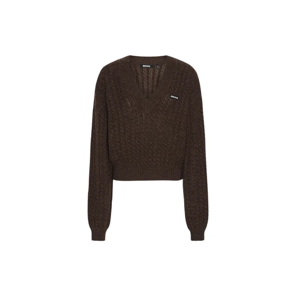 Rotate Birger Christensen Cable V-neck Sweater Dark Brown