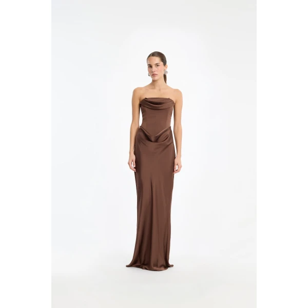 Rotate Birger Christensen Corsage Long Dress Dark Brown, view 2