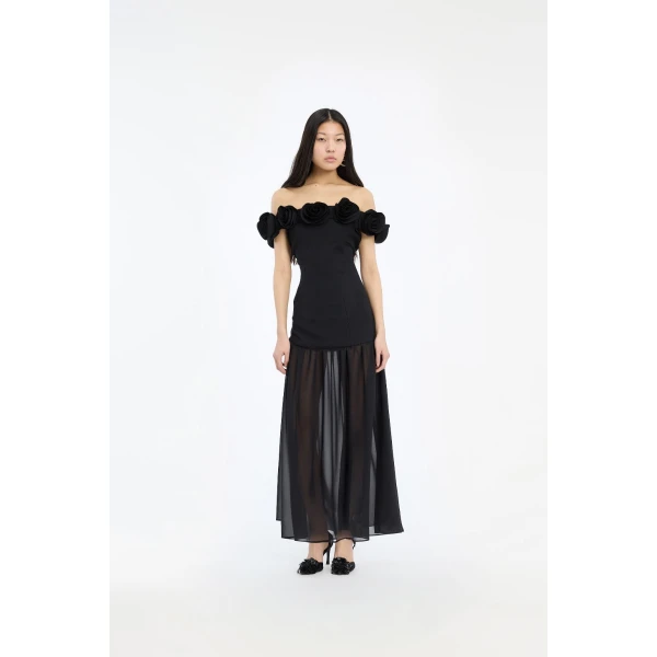 Rotate Birger Christensen Crepe Flower Maxi Dress Black, view 2