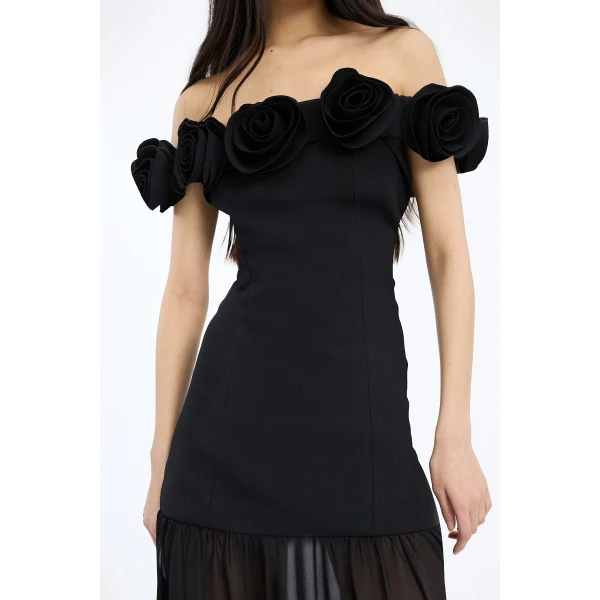Rotate Birger Christensen Crepe Flower Maxi Dress Black, view 3