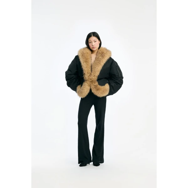 Rotate Birger Christensen Faux Fur Collar Bomber Black Top, view 2