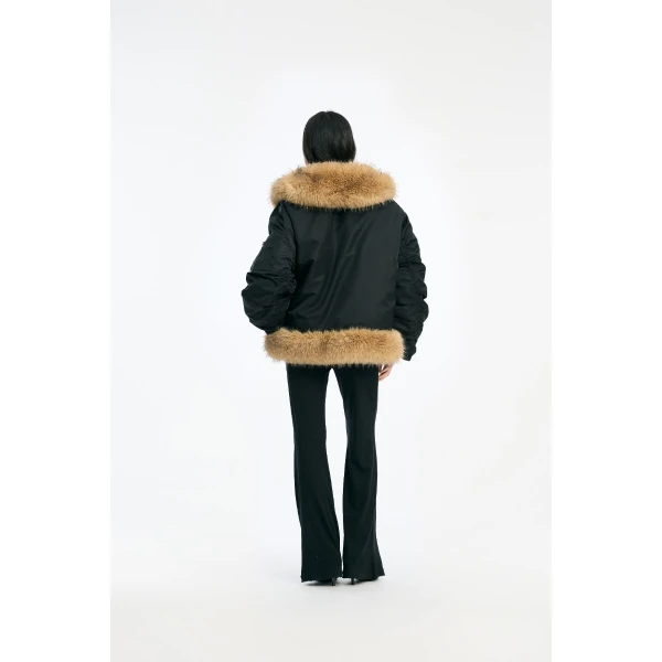 Rotate Birger Christensen Faux Fur Collar Bomber Black Top, view 3