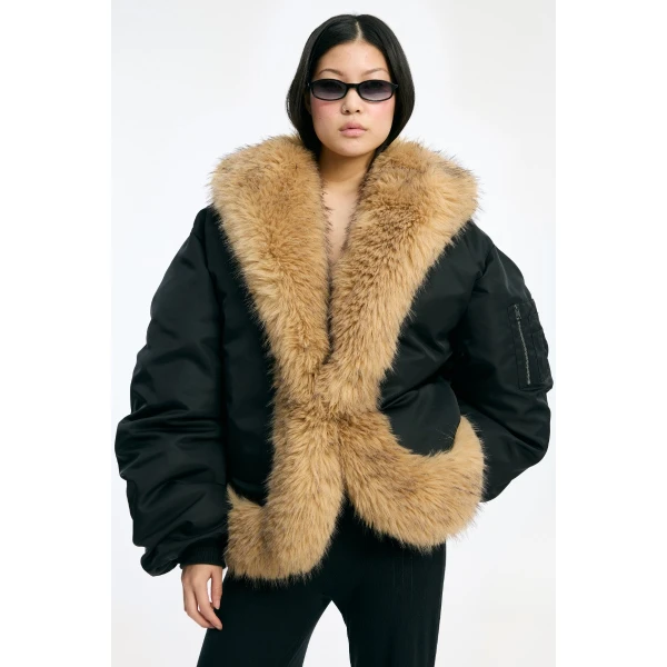 Rotate Birger Christensen Faux Fur Collar Bomber Black Top, view 4