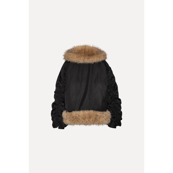 Rotate Birger Christensen Faux Fur Collar Bomber Black Top, view 5