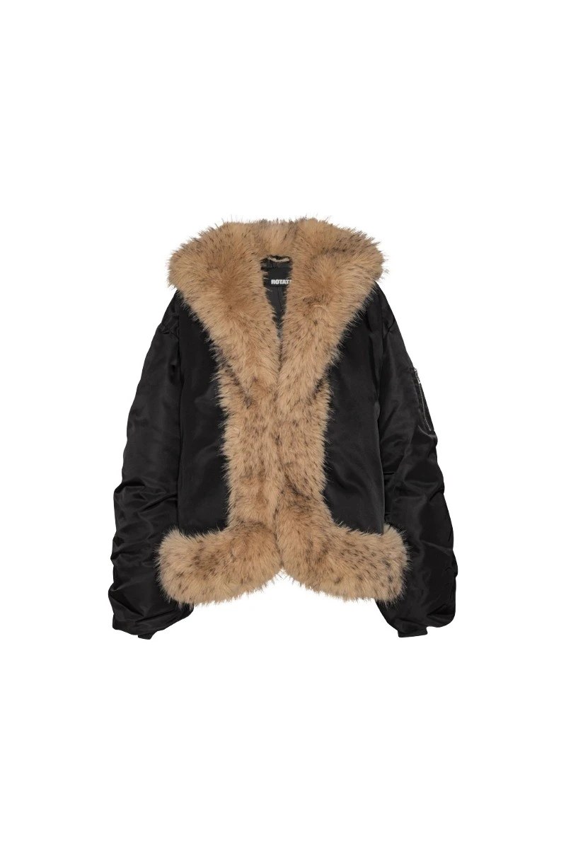 Rotate Birger Christensen Faux Fur Collar Bomber Black Top