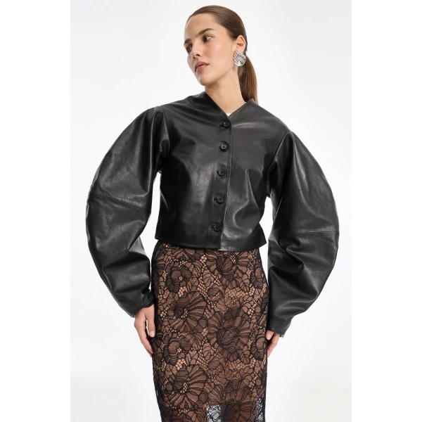 Rotate Birger Christensen Fitted Leather Jacket Black, view 4