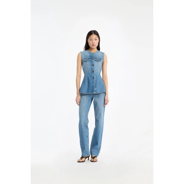 Rotate Birger Christensen Flared Denim Top Medium Blue, view 2