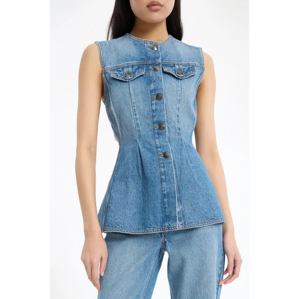 Rotate Birger Christensen Flared Denim Top Medium Blue, view 3